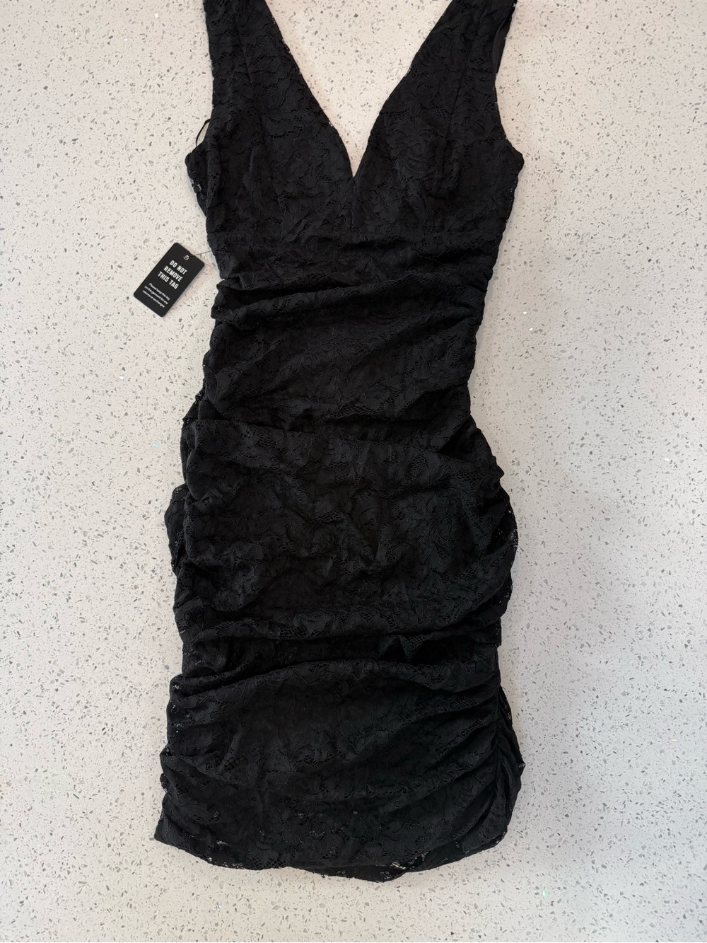 Express Black Lace Ruched V-Neck Mini Dress